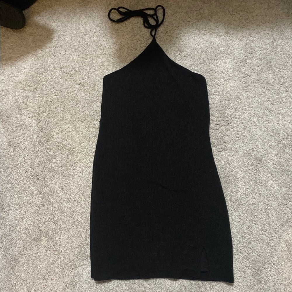 Black strapless body con mini dress